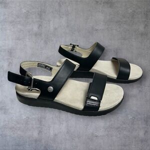 Kuru Jet Black Leather Glide Sandals Shoes Womens 9 Sheepskin Footbed Comfort